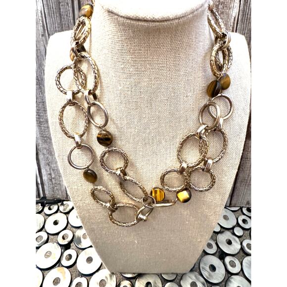 Vintage Tigers Eye Gemstones, Silver Oval Circles Chain Links Necklace 36 inch - Picture 2 of 6